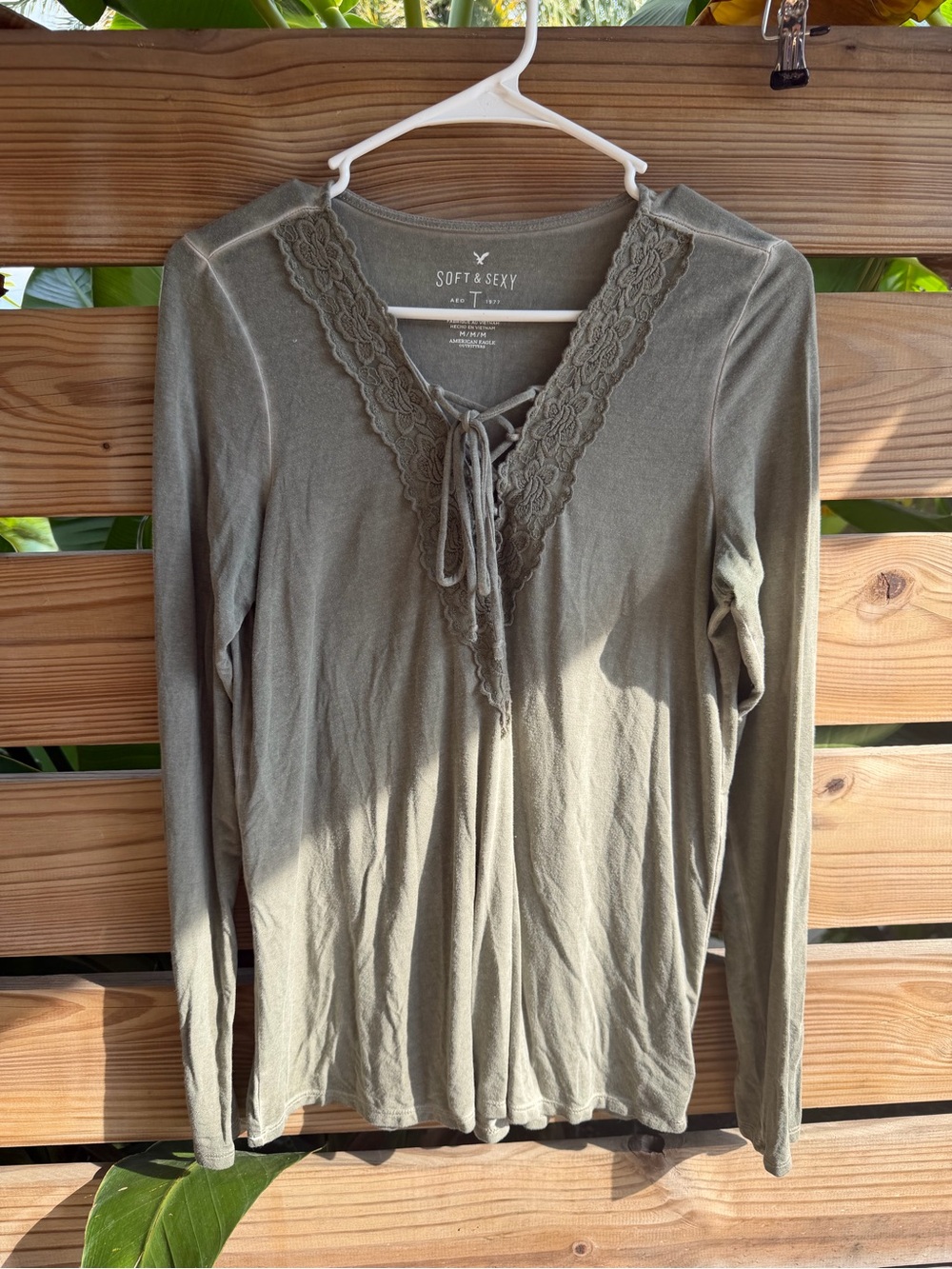 American Eagle Outfitters Olive Lace-Trim Long Sleeve Tee